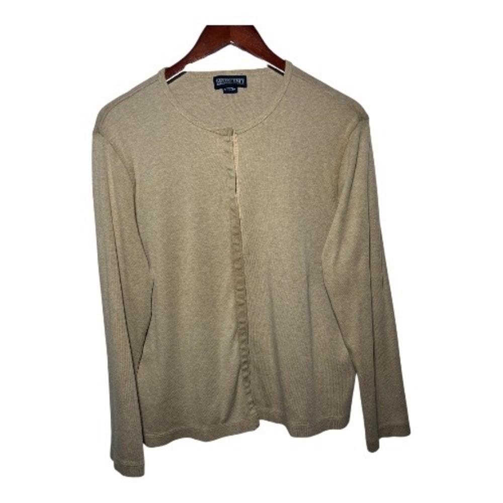 Lands End Cotton Cardigan Women M Tan Snap Front Ribbed Knit Long Sleeve Sweater